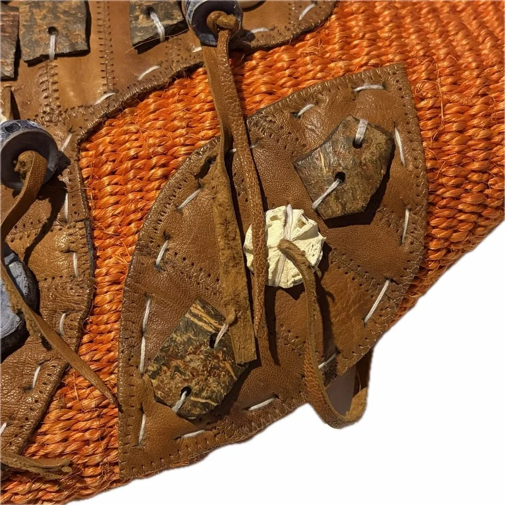 Vintage 90s Boho Woven Shell Leather Bag Orange 17x10x7